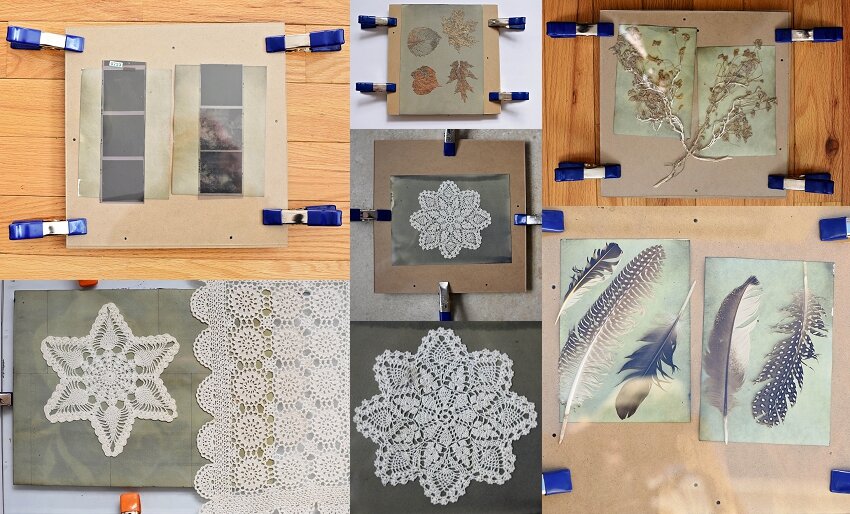 These are a few examples of watercolor paper painted with chemicals about to go out into the sun. Nature is placed on top and the whole thing is sandwitched under glass and clamped together.